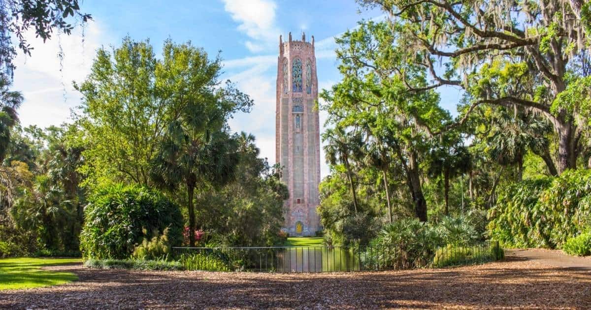 Singing Tower at Bok Tower Gardens rising above lush Central Florida gardens