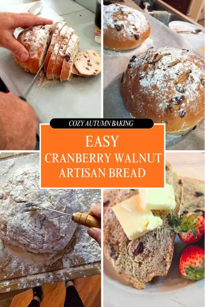 Cranberry walnut artisan bread sliced on cutting board showing soft homemade crumb, golden crust, and rustic bakery-style texture