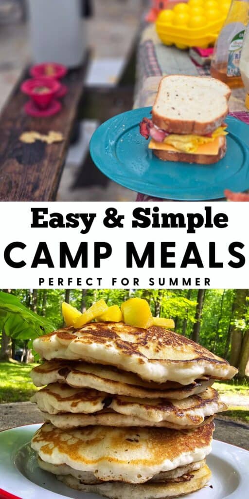 THIS IS AN IMAGE OF SIMPLE AND EASY CAMPING MEALS PINTEREST PIN WITH A BREAKFAST SANDWICH AND PANCAKES