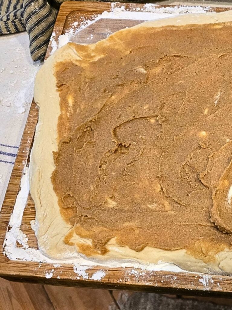 Cinnamon sugar filling spread over homemade cinnamon roll dough.