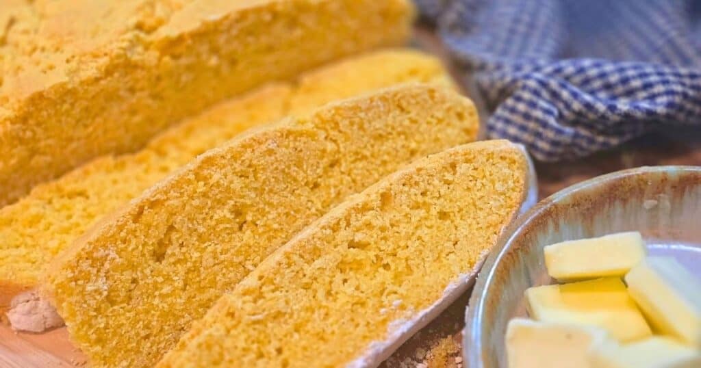 sliced homemade cornmeal bread with butter