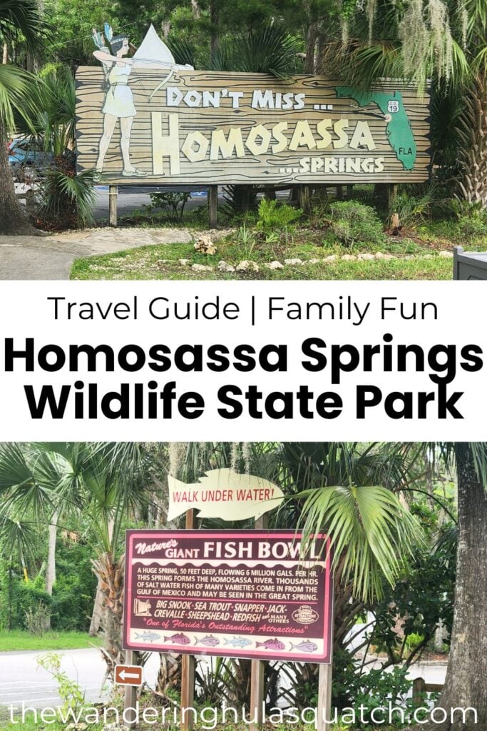 Homosassa Springs Wildlife State Park sign, tropical greenery, Florida nature, outdoor recreation, family travel destination.