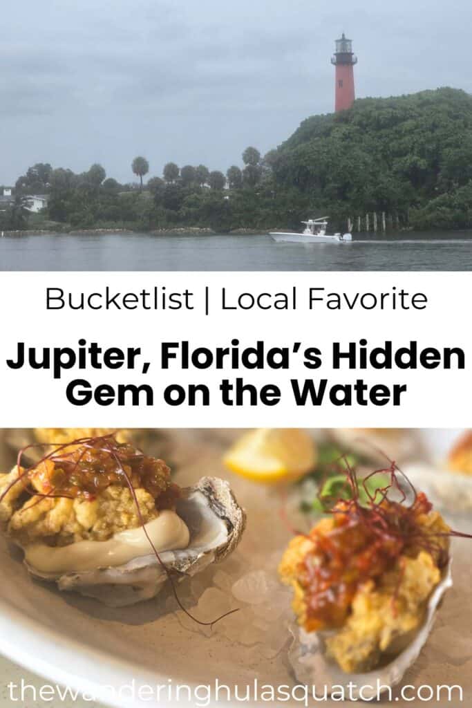 Lighthouse on coastal greenery in Jupiter, Florida, with boat on water.