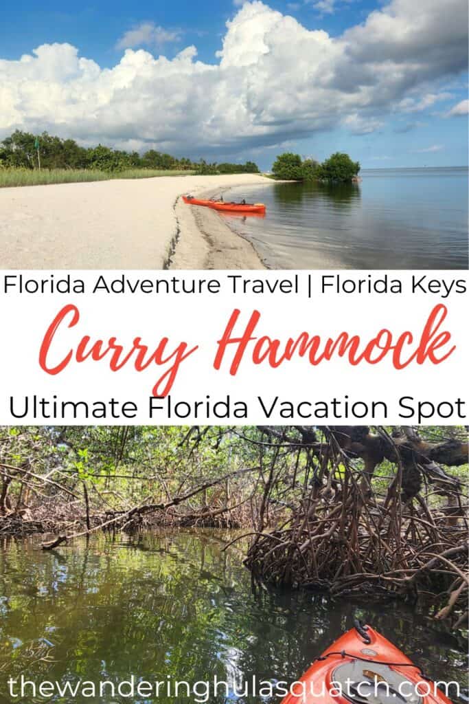 THIS IS AN IMAGE OF A PINTEREST PIN FOR CURRY HAMMOCK WITH TWO KYAKS ON A BEACH AND KAYAKING A MANGROVE TUNNEL