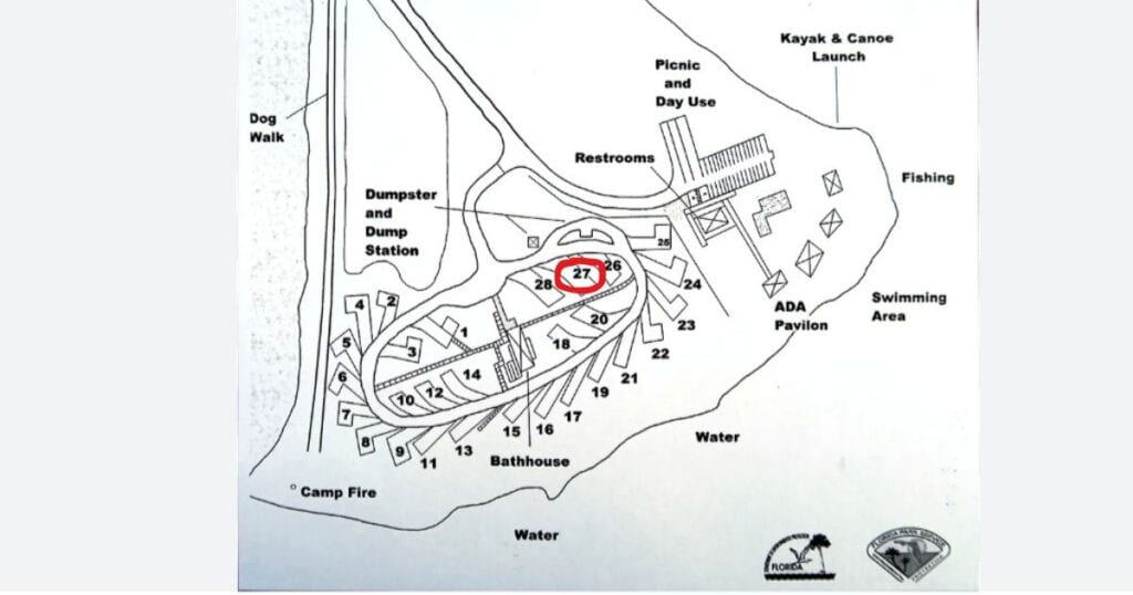 CAMPING AT CURRY HAMMOCK STATE PARK CAMPSITE MAP WITH A RED CIRCLE AROUND SITE NUMBER 27