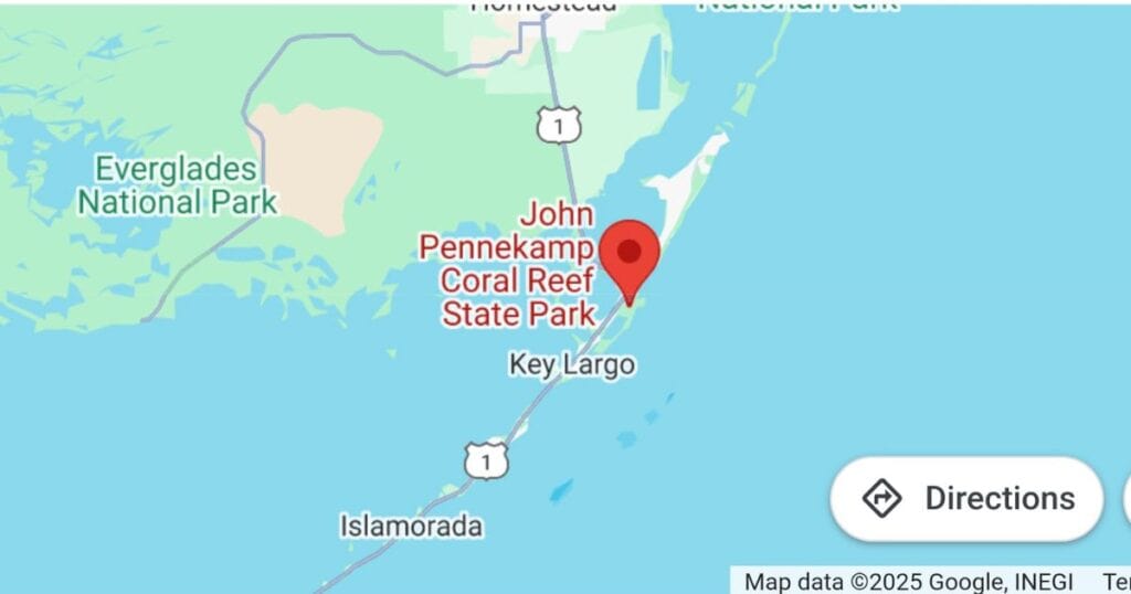 Map showing John Pennekamp Coral Reef State Park in Key Largo Florida