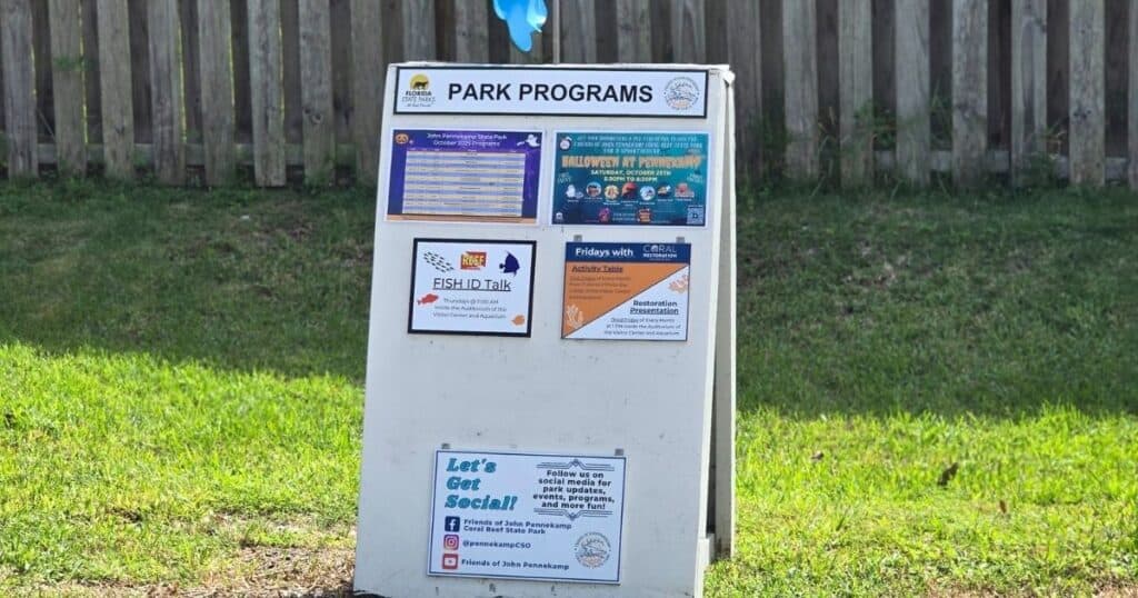 Family-friendly activities at John Pennekamp Coral Reef State Park SIGN WITH ACTIVITIES