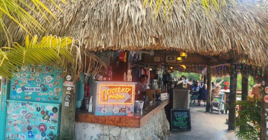 Tiki bar at Geiger Key Marina fish camp restaurant with tropical drinks and waterfront views