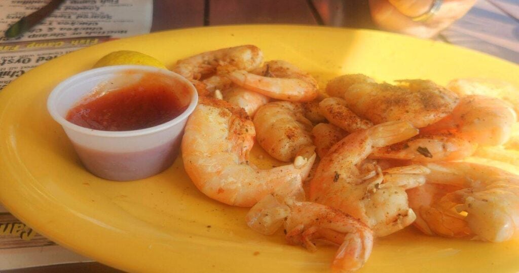 Plate of peel-and-eat pink shrimp at Geiger Key Marina fish camp restaurant, Florida Keys seafood