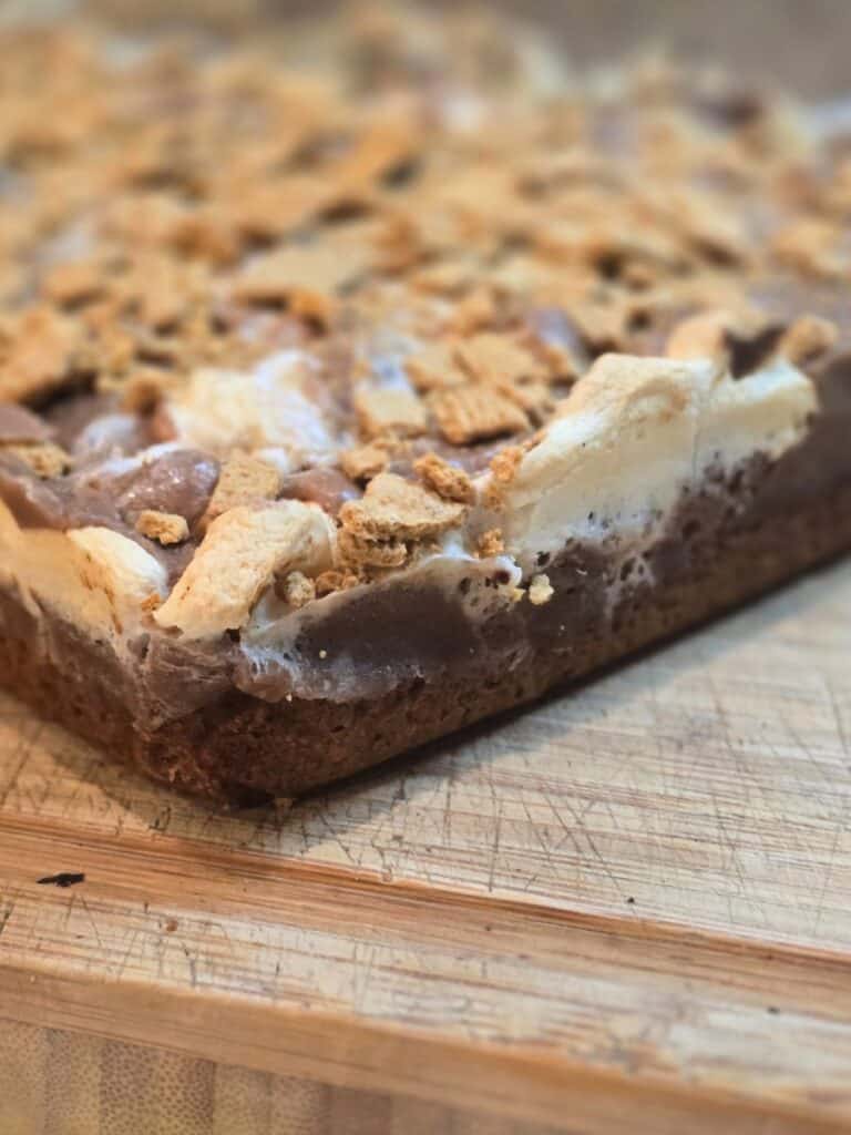 Freshly baked smores bars in the pan with golden marshmallows and melted chocolate