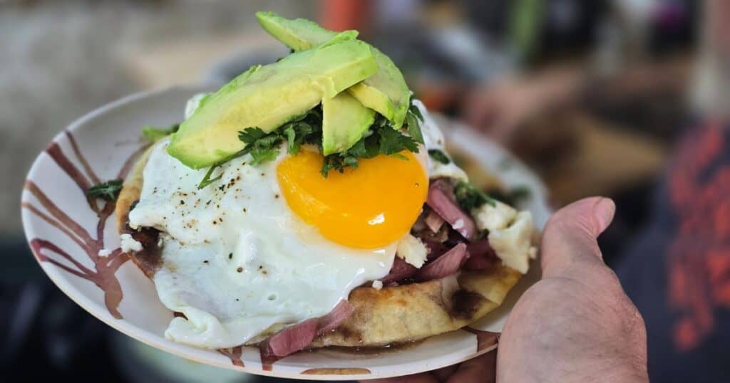 Easy breakfast pork tostada on a plate topped with mojo pork, fried egg, avocado, and fresh cilantro